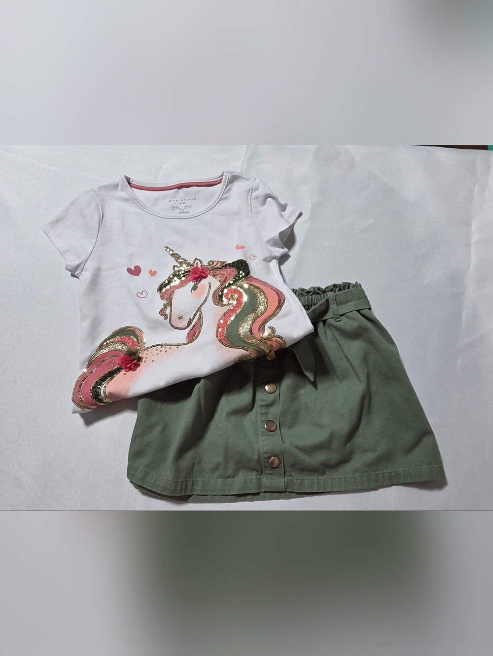 Max Studio Kids Girls Unicorn Tee & Olive Paperbag Skirt Set Size S 5/6